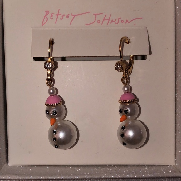 Betsey Johnson Gold Tone White Faux Pearl Snowman Drop Earrings Crystal NIB - Picture 7 of 12